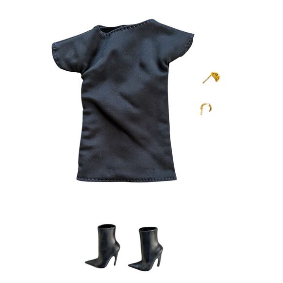 2025 Barbie Basics Outfit Black Dress Boots and Earrings Model 01 JBH72 No Doll - Picture 1 of 2